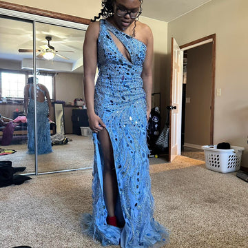 Niulatu One Shoulder Sheath Blue Long Prom Dresses Sequined Blue Evening Dresses with Slits HZ1026